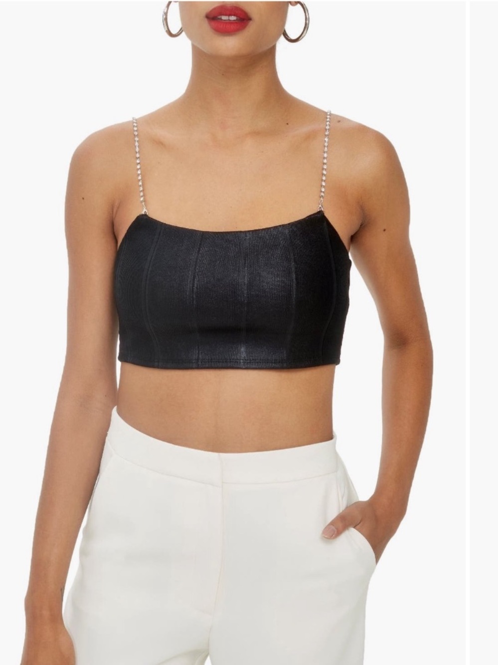Topshop Black Rhinestone-Strap Cropped Tank Top
